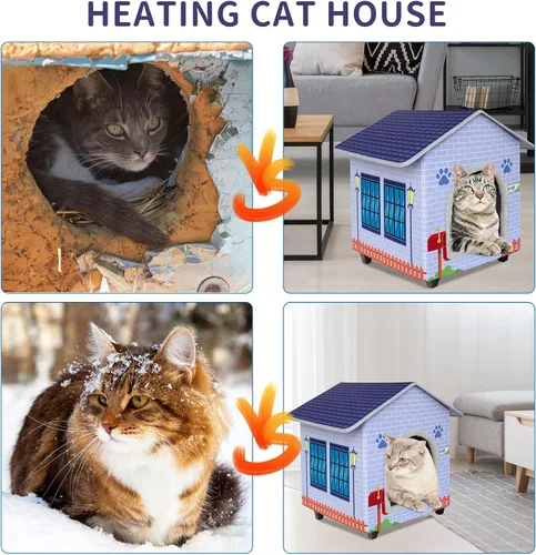 Vista 7 de Casas para gatos con calefacción para gatos de interior/exterior con cama para gatos elevada y resistente al agua, proporcionando un refugio seguro