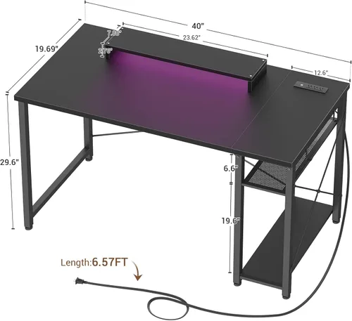 Vista 3 de Armocity Escritorio para computadora con luces LED, escritorio de juegos con toma de corriente y USB, mesa reversible para laptop 40 con soporte