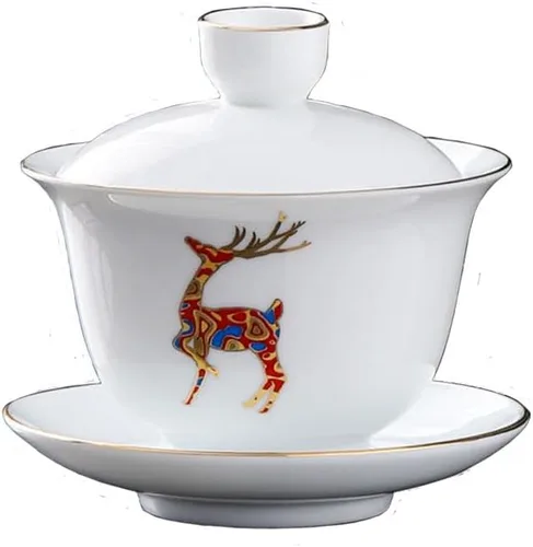 Vista 9 de Liang baobao Gaiwan - Taza de té de porcelana de 8 onzas, color blanco esmaltado con borde dorado, sopera china de gongfu, taza de té de gongfu