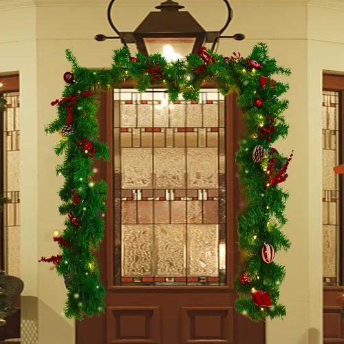 Vista 7 de MorTime Guirnalda de Navidad LED de 9 pies con piñas, lazos de bayas rojas, bolas de Navidad, guirnalda de Navidad multifunción con 50 luces LED