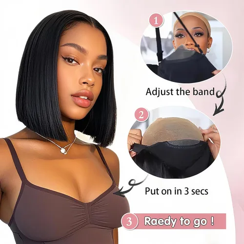 Vista 5 de Farblick Peluca Bob de cabello humano de 10 pulgadas, pelucas sin pegamento de cabello humano pre cortadas, pre depiladas, 6×4 encaje frontal HD