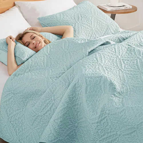 Vista 4 de Exclusivo Mezcla Juego de Edredón Individual, Cubrecamas Ligeras y Suaves con 1 Funda de Almohada, Edredones Modernos de Color Azul Aguamarina