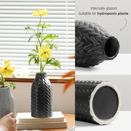 Vista 4 de STHIE Jarrón de cerámica en relieve negro, jarrón decorativo de 8 pulgadas para decoración del hogar, jarrón hermético para flores frescas o secas