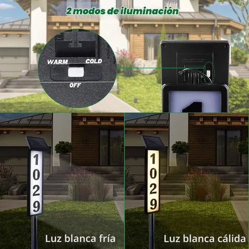 Vista 3 de FORUP Letrero de números de dirección de casa con luz solar, luz solar con números de casa, placa de dirección iluminada por LED para exteriores