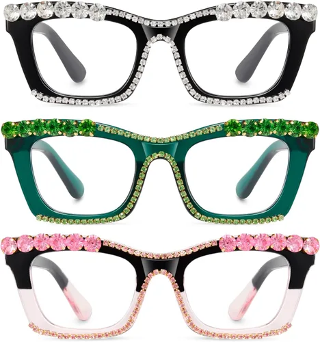 Vista 11 de Paquete de 3 anteojos de lectura con bloqueo de luz azul, marco grueso para Negro+negro rosa+rosa leopardo