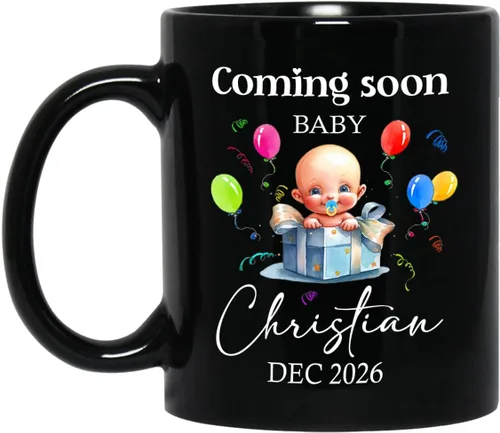 Vista 16 de Baby Coming Soon - Taza de café negra de 11 onzas y 15 onzas, taza de café personalizada para papá con nombre, taza de café de cerámica con anuncio