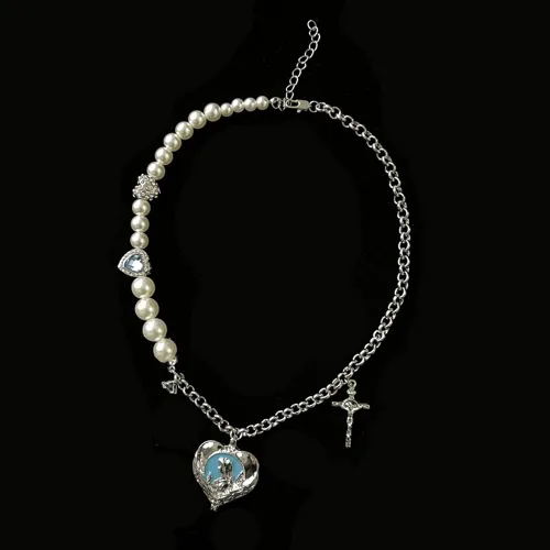 Vista 5 de Wiwpar Gargantilla de cadena de metal en forma de O, accesorios de corazón de perla, collar con colgante de corazón de moda para mujeres y niñas