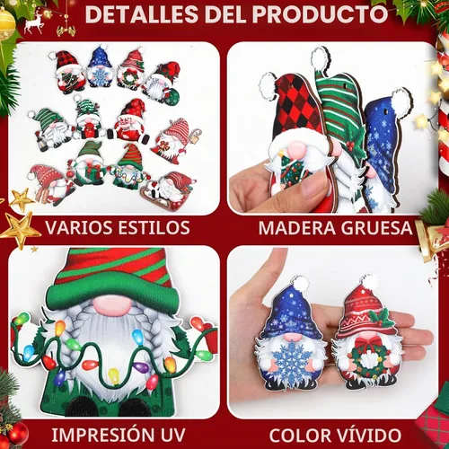 Vista 3 de 24 adornos de madera de gnomo de Navidad para colgar en el árbol de Navidad para suministros de fiesta de Navidad (Xmas-D)