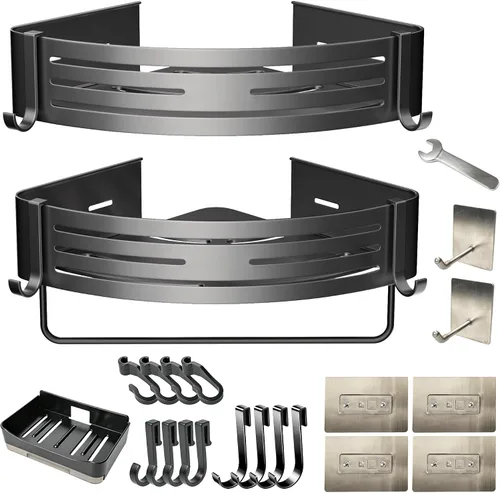 Vista 9 de Black Adhesive Corner Shower Caddy 2-Pack, Triangular Shelves No-drill black triangular shelves for smooth tile, glass and stainless steel shower