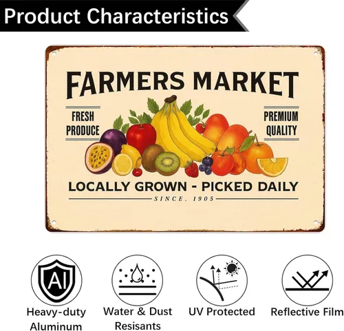 Vista 3 de Retro-Style Plates For Farmers Market Signs Posters Funny metal sign For Man Cave bathroom Farm Bedroom living room Kitchen Garage Wall Decor 8 * 12