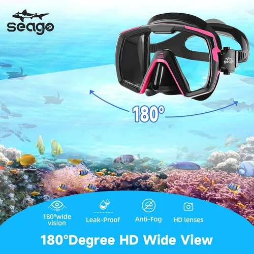 Vista 3 de Seago Juego de máscara de buceo de buceo en seco, vista amplia de 180⁰, a prueba de fugas, antivaho, ajuste cómodo para adultos