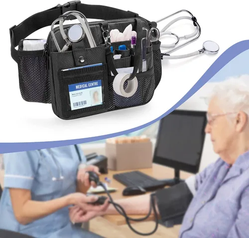 Vista 8 de Damero - Cangurera para enfermera con múltiples compartimentos y soporte para cinta, color negro Nurse Tool Belt Utility Nurse Waist Bag with