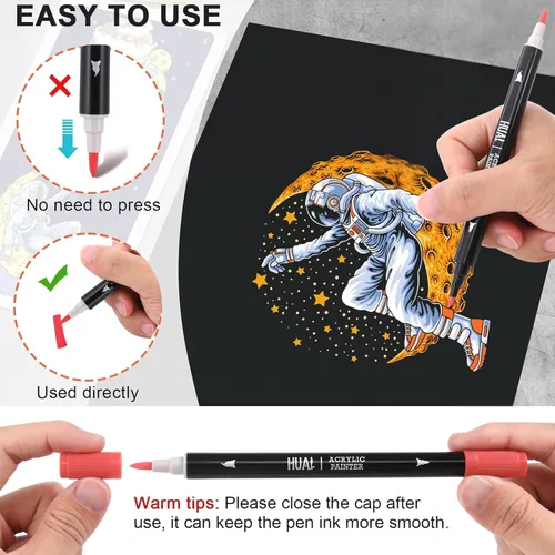 Vista 3 de HUAL Bolígrafos de pintura acrílica de doble punta, 24 colores finos y marcadores de punta de pincel para artistas profesionales, manualidades