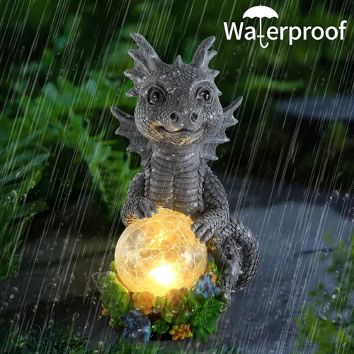 Vista 6 de Estatuas solares de jardín al aire libre, dragón sosteniendo orbe mágico con luces LED solares, decoración de césped al aire libre para patio