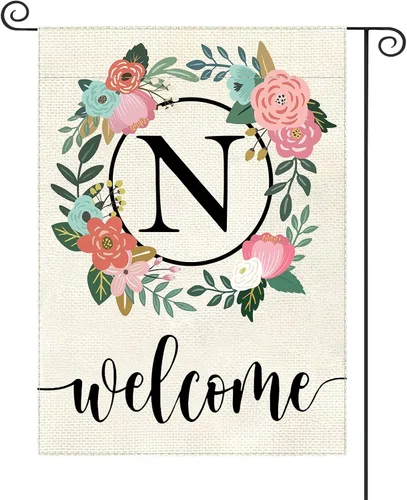 Vista 19 de Bandera de jardín con letra monograma, floral, 12 x 18 pulgadas, doble cara para exterior, pequeña de arpillera, familia, apellido, bandera inicial