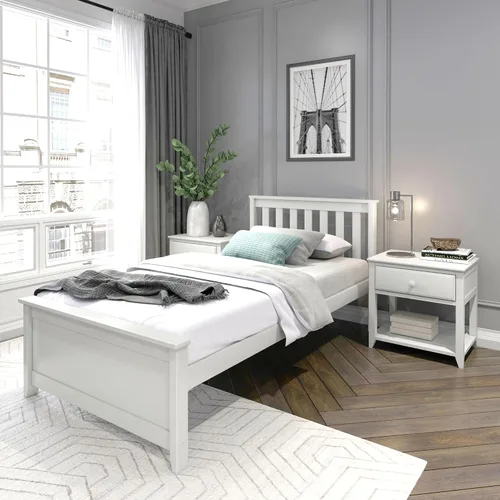 Vista 8 de Plank+Beam - Estructura de cama individual de madera maciza, cama de plataforma con cabecero, arcilla