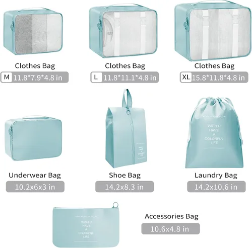 Vista 2 de Juego de 7 cubos de embalaje, esenciales de viaje para llevar de mano, organizadores de equipaje de viaje ligeros esenciales, ropa y zapatos, cubo