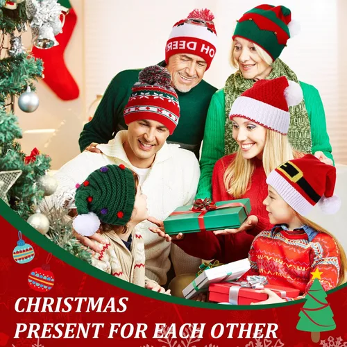 Vista 5 de Juego de 6 gorros de punto de Navidad de Papá Noel rojo y verde para fiestas, adultos, adolescentes, niños, gorro de Navidad, 12 x 8 pulgadas