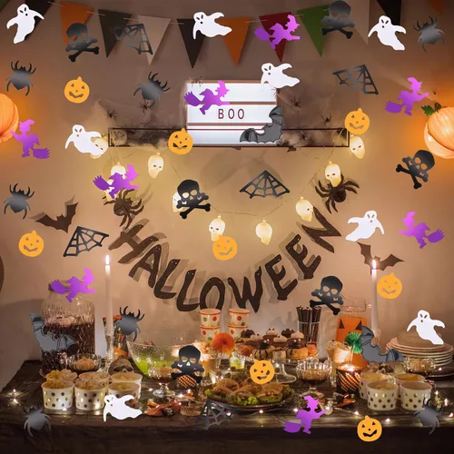 Vista 6 de MARFOREVER Decoraciones de confeti con purpurina de Halloween, fiesta de Halloween, dispersión de confeti negro, naranja, morado, fantasma
