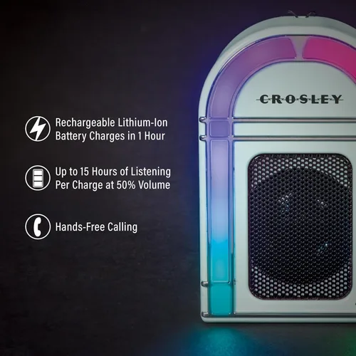 Vista 2 de Crosley CR3046A-AB Mini Jukebox Altavoz Bluetooth portátil con luces LED y micrófono, azul aguamarina