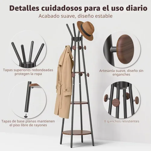 Vista 4 de young master Perchero, Perchero independiente con 3 estantes y 12 ganchos, Árbol perchero con luz con sensor de movimiento para entrada, sala