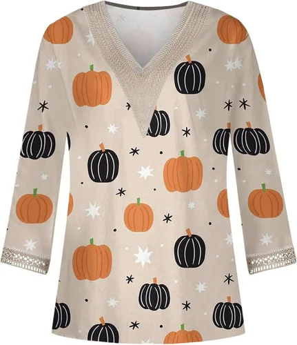 Vista 4 de Tops para mujer, casual, otoño, cuello redondo, manga 34, estampado elegante, camiseta suelta