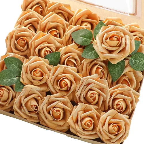 Vista 30 de Floroom Flores artificiales, 25 piezas de rosas falsas de espuma dorada antigua de aspecto real con tallos para ramos de boda DIY, centros de mesa