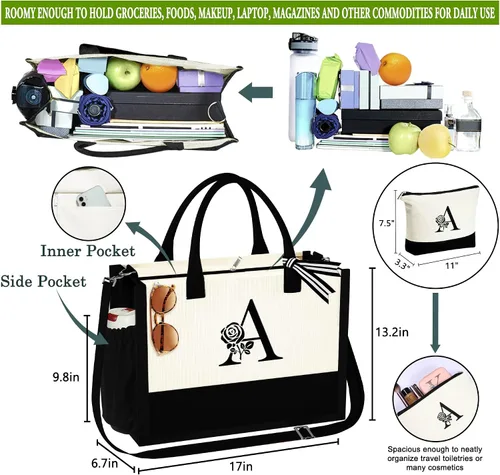 Vista 3 de YOOLIFE Regalos para el día de San Valentín, bolsa de lona con inicial y bolsa de maquillaje, regalos de cumpleaños para mujeres, esposa, mamá