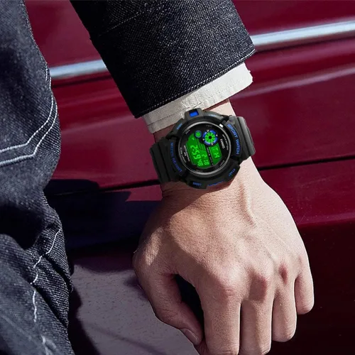 Vista 8 de Fanmis Reloj digital digital multifunción para hombre, electrónico, impermeable, con alarma, reloj deportivo de cuarzo, Azul Patchwork