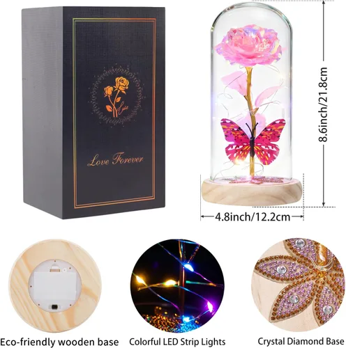 Vista 5 de Beferr Regalos de cumpleaños para mujeres, rosa de cristal de galaxia, flores preservadas para siempre, rosa iluminada en cúpula de cristal, Día