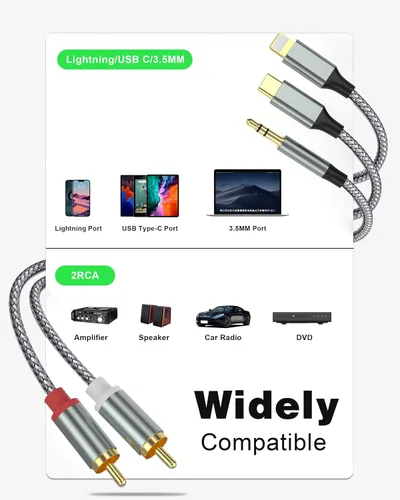 Vista 2 de Adaptador de Audio Auxiliar de Cable Lightning a RCA, Cable RCA a 3.5mm, Cable de Audio USB C a 2 RCA, (Cable de Audio 3 en 1) para Amplificador
