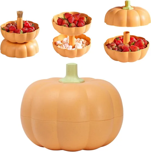 Vista 7 de Cuenco de dulces de calabaza de Halloween, cuenco creativo para dulces de calabaza para guardar dulces, nueces, frutas, cuenco grande de 2 capas