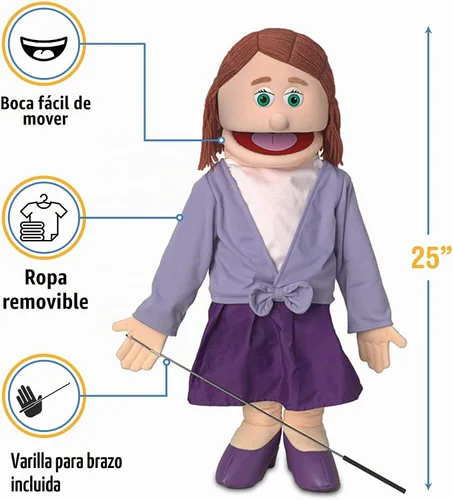 Vista 3 de Sarah de 25 pulgadas, mamá melocotón/maestra, cuerpo completo, marioneta estilo ventrílocuo