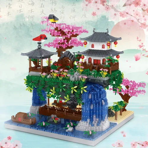 Vista 5 de SAMYBLOCKS Juego de 3600 piezas de microbloques de árbol bonsái de estanque de flor de melocotón, bloques de construcción de arquitectura