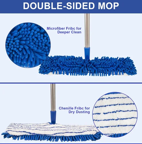 Vista 7 de Trapeador de polvo de microfibra para limpieza de suelos, almohadillas lavables de doble cara, mango de acero inoxidable ajustable