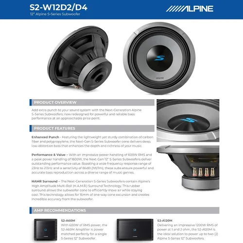 Vista 6 de Alpine S2-W12D2 - Subwoofer dual para automóvil de 2 ohmios de 12 pulgadas, 1800 W máximo, 600 W RMS