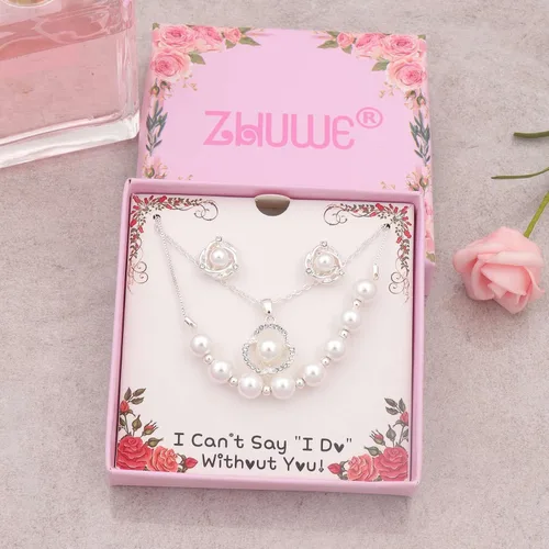 Vista 2 de Juego de joyas para dama de honor para boda, chapado en oro de 18 quilates, oro rosa, plata con colgante trilateral con collar de perlas