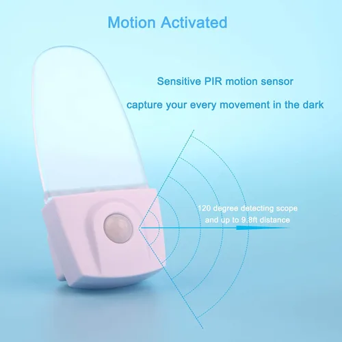 Vista 5 de GREENIC Paquete de 2 luces nocturnas con sensor de movimiento azul enchufables, lámpara de luz nocturna con detector de movimiento LED de 0.5 W