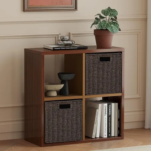 Vista 27 de Organizador de almacenamiento vertical de 2 cubos de metal, estantería corta negra con espalda abierta, estante de almacenamiento de cubo pequeño