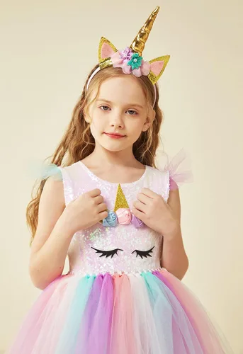 Vista 6 de PinkBeautiM Vestido tutú de unicornio para niñas, disfraz de unicornio de lentejuelas para niña con diadema, vestidos de fiesta de cumpleaños de 3 a