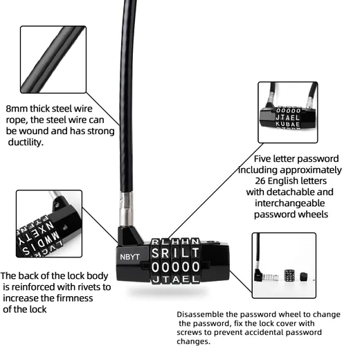 Vista 3 de Cerradura de combinación reiniciable de 5 palabras, cerradura de letra, candado de seguridad para el hogar con cable antirrobo de 0.315 pulgadas