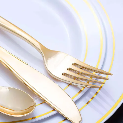 Vista 6 de Kaya Tenedores de plástico dorado metálico brillante (paquete de 24) – Tenedores de ensalada desechables, cubiertos de primera calidad y suministros