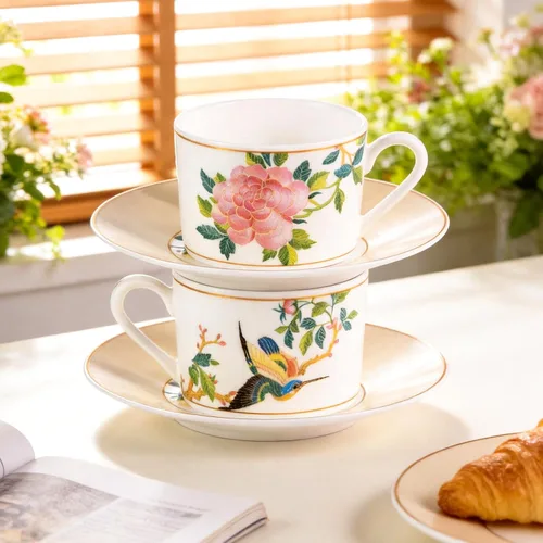 Vista 5 de KAMMAK Juego de 2 tazas de té y platillos, tazas de café de porcelana fina, tazas de café expreso apilables, demitasse de cerámica para café