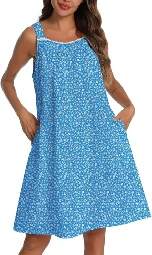 Vista 26 de YOZLY - Camisones de algodón sin mangas para mujer, camisón de tanque de noche con bolsillos A-Solid Blanco