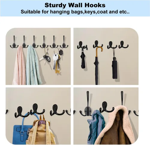 Vista 7 de Kruodop Paquete de 10 Ganchos de Pared Montados en Pared Ganchos para Abrigos para Colgar Resistentes, Ganchos Negros para Toallas, Colgador