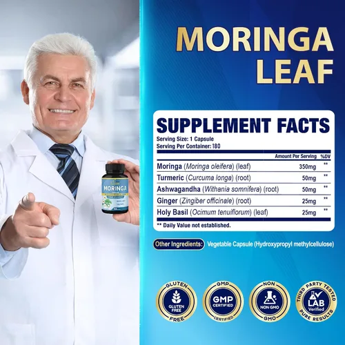 Vista 3 de Cadane Moringa Extract Capsules, suministro de 6 meses con raíz de Ashwagandha, Tulsi, jengibre, cúrcuma - 180 cápsulas