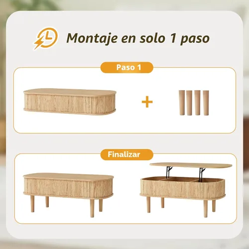 Vista 3 de Mesa de centro con parte superior acanalada totalmente montada con compartimento oculto, mesa central de madera, moderna mesa de elevación ovalada