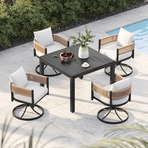 Vista 22 de Juego de comedor al aire libre Grand Patio de 5 piezas para 4, sillas de patio fijas de mimbre tejido metálico con cojines engrosados y 1 mesa