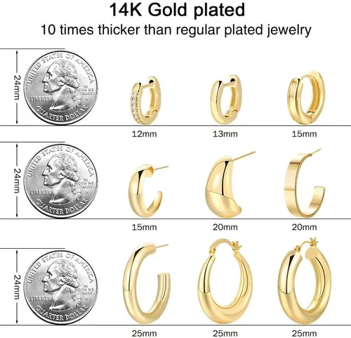 Vista 2 de Juego de 6 pares de aretes de aro de oro grueso para mujer, chapados en oro de 14 quilates, hipoalergénicos, gruesos, abiertos, joyería para regalos