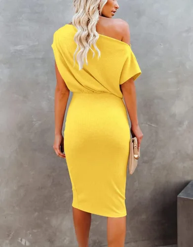 Vista 3 de Ezbelle Vestido por debajo de la rodilla, ajustado, para mujer, con hombro descubierto y manga corta, vestido acanalado informal y de fiesta